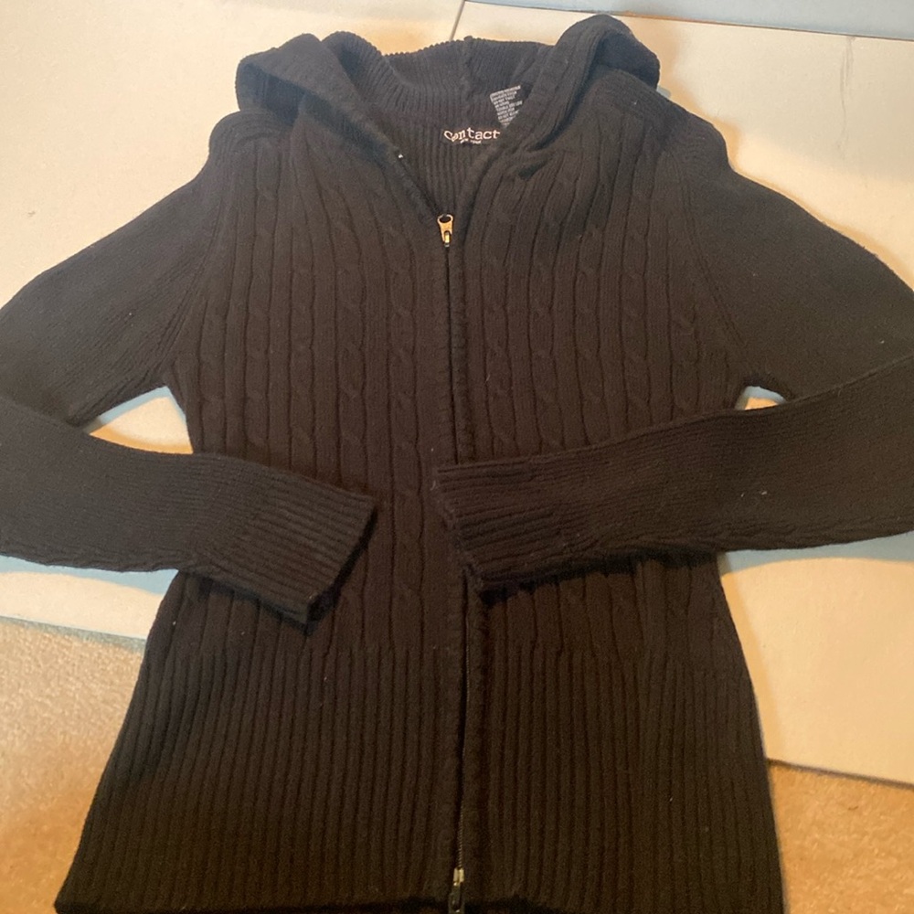 Vintage Contact New York Heavy Black Ribbed Zip-up Hooded Cardigan